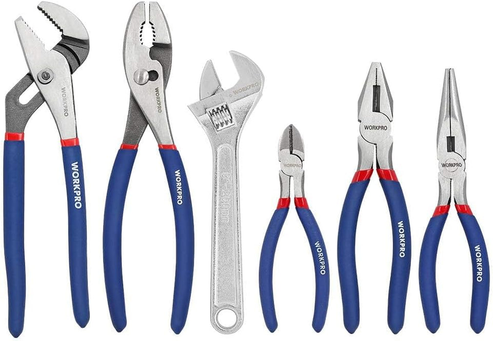 Large Pliers & Wrench Set 6-Piece (10" Water Pump, 10" Slip Joint, 8" Long Nose, 8" Linesman, 6" Diagonal, 8" Adjustable Wrench) for DIY & Home Use, W001329A