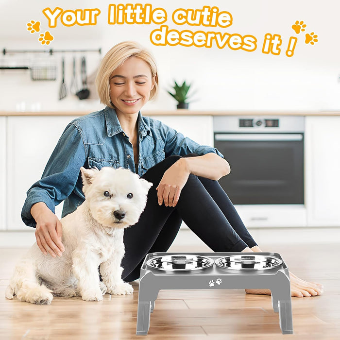 Elevated Dog Bowls for Small Medium Dogs, 3 Height Adjustable Raised Stand with 2 Thick 6" Stainless Steel Food Bowls, Non-Slip Feeder Adjusts to 2.75", 6", 7.5", Grey