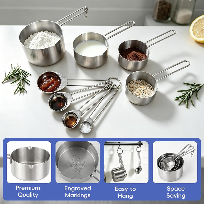 Measuring Cups and Spoons Set 8PCS Silver Stainless Steel