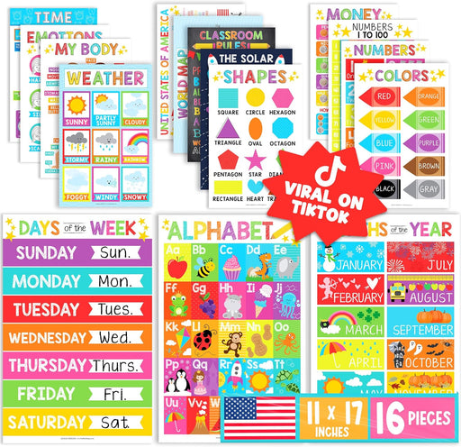 16 Laminated Toddler Learning Posters 1-3 for Preschool Classroom Decor