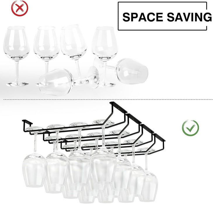 14-Inch Wine Glass Holder - Under Cabinet Metal Stemware Rack for Kitchen Bar - Single Rail Hanging Storage Hanger, Set 