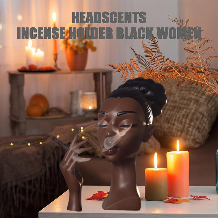 Incense Holder,Black Woman Smoking Head Incense Burner, Sophisticated and Elegant Headscents-Head Incense Burner,Desk Decor Suitable for Bedroom and Living Room (Eyes Closed)