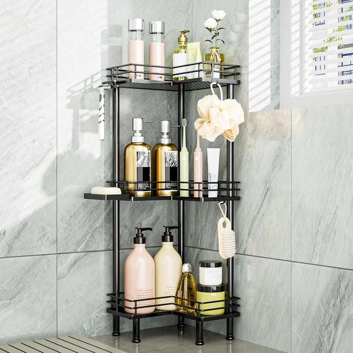 Corner Shower Caddy Standing - 3-Tier Stainless Steel Shower Organizer with Soap Holder and 4 Hooks, Large Capacity Corn