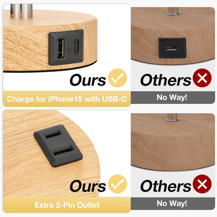 Bedside Table Lamp for Bedroom - Dimmable Touch, USB A+C, AC Outlet