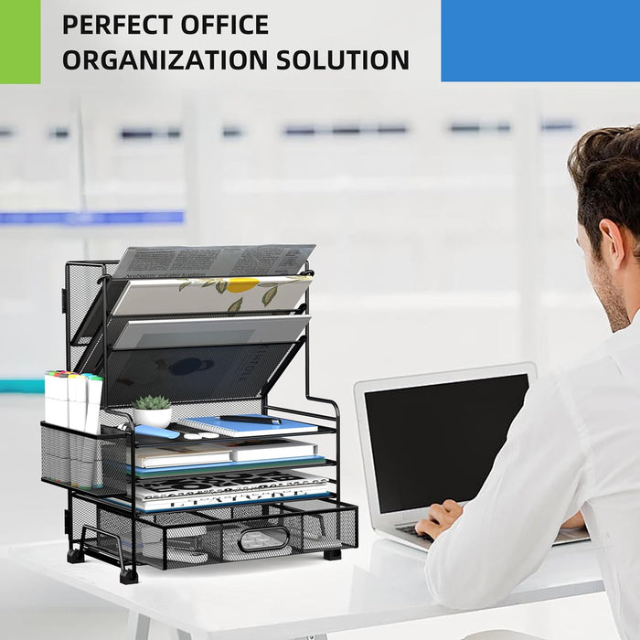 4-Tier Paper Organizer + 3-Pocket File Holder + Drawer + Pen Holders, Desktop File Organizers Paper Tray for Office Acce
