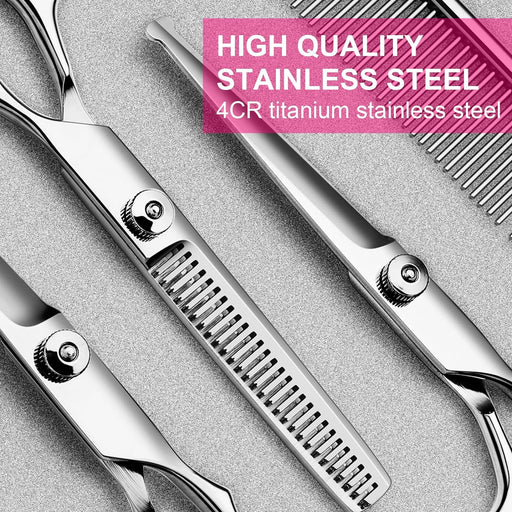 Dog Grooming Kit, Professional Stainless Steel Dog Grooming Scissors with Curved Shears, Pink Finger Rings - 4 Piece Sha