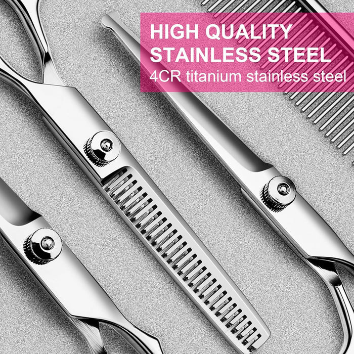 Dog Grooming Kit, Professional Stainless Steel Dog Grooming Scissors with Curved Shears, Pink Finger Rings - 4 Piece Sha