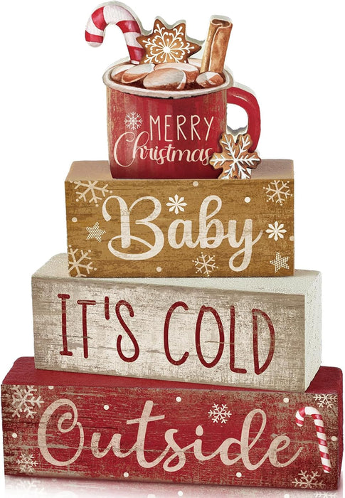 4 Pcs Christmas Table Decorations Indoor, Hot Cocoa Wood Block Sign