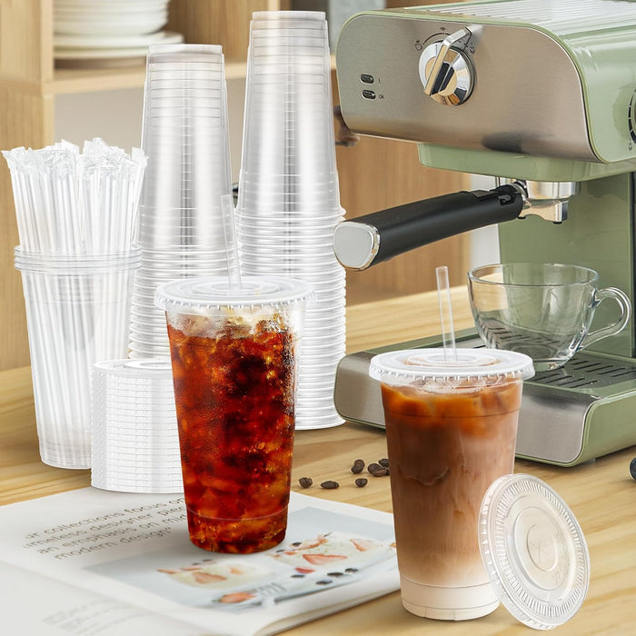 100 Pack 20 oz Plastic Coffee Cups with Lids, Disposable Clear Cups