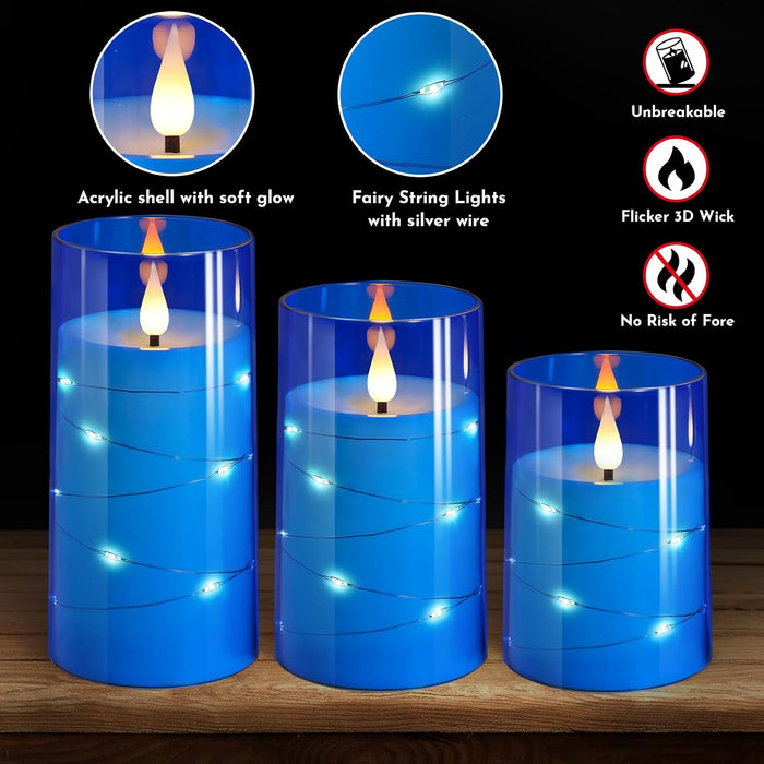Flickering Flameless Candles: 3D Wick Built-in Star String Lights Acrylic Unbreakable Battery Operated LED Pillar Candles with Remote and Timer - 3 Pack for Wedding Valentine's Day Decor