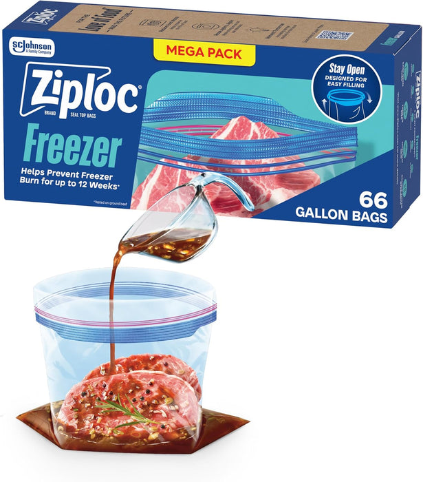 Gallon Freezer Bags, Food Storage, Stand-Up Bottom, 66 Count