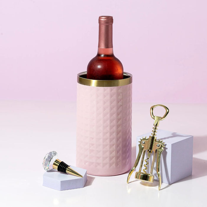 Wine Bottle Chiller Set, Insulated Double Wall Chiller, Gold Winged Corkscrew Wine Bottle Opener, Diamond Wine Stopper, 3-Piece Set, Pink