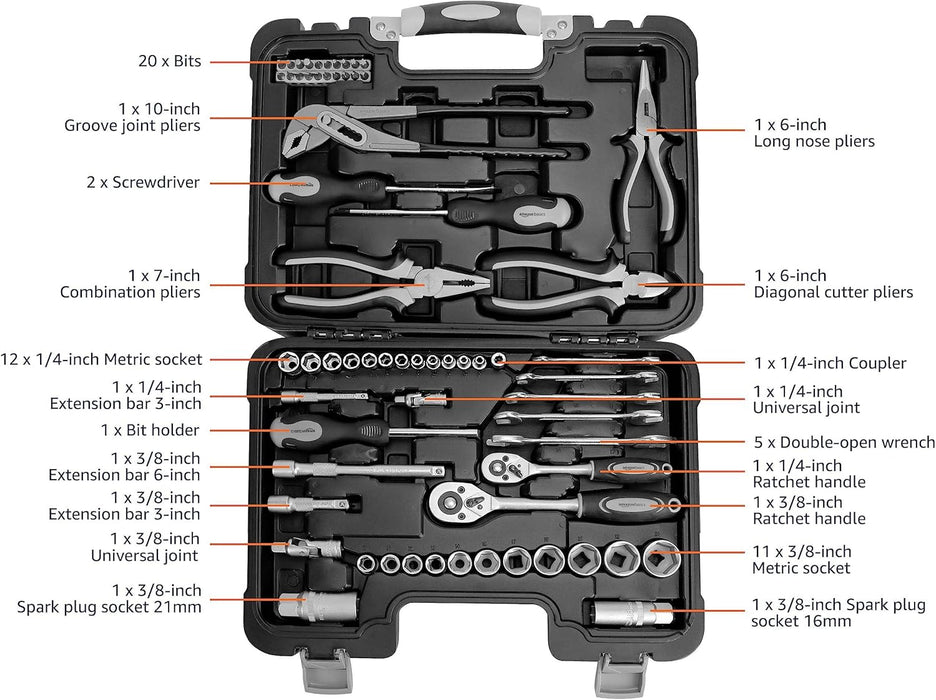 65-Piece General Household Home Repair and Mechanic's Hand Tool Kit Set with Storage Case, Portable, Non-Slip Handles, B
