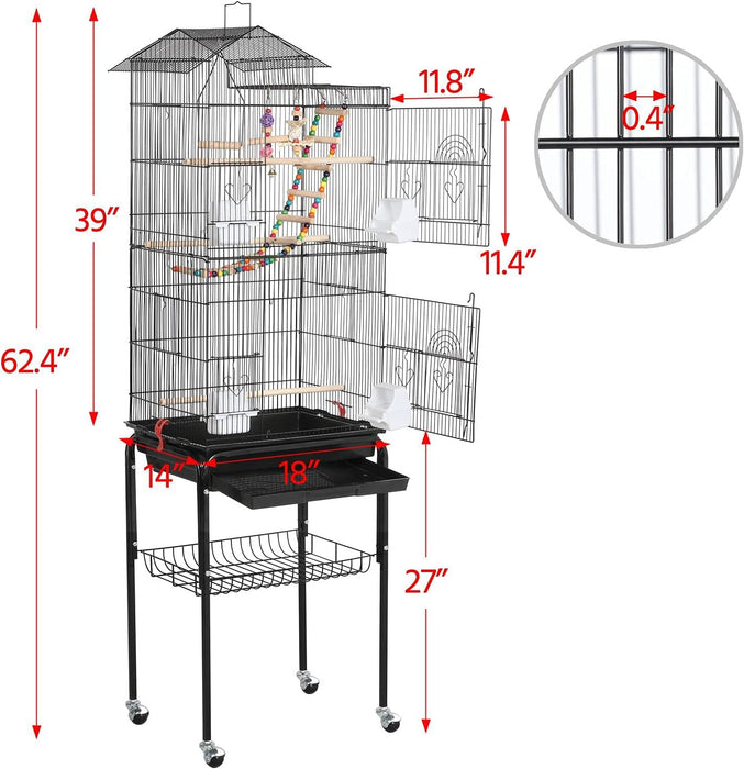 Bird Cage 64'' Medium Small Parrot Parakeet Bird Cages with Detachable Rolling Stand for Parrot Lovebirds Finches Parakeets Budgie Parrotlet Conures, Pet Flight Birdcage