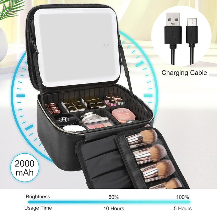 Travel Makeup Bag With LED Mirror, Cosmetic Train Case with Light up Mirror, Portable Makeup Artist Organizer Bag with Adjustable Dividers, Makeup Brush Holder Storage, Black