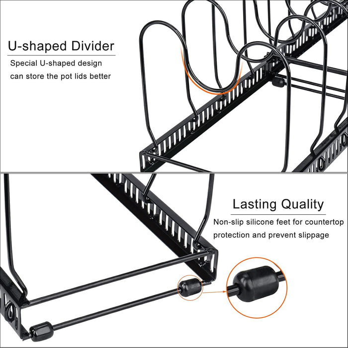 Pots and Pans Organizer Rack for Cabinet and Countertop, 10+ Pot Lids, Bakeware and Cookware Holder with 10 Adjustable Compartments - Black