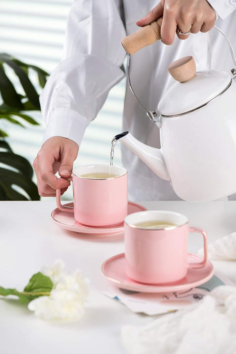 Set of 6 Large 8 (OZ) Americano Cups with Saucer Porcelain Coffee/Tea Cups, Cappuccino/Latte/Espresso/Mocha Cups, Large Coffee/Tea Cups for Specialty Coffee Drinks, (Pink)