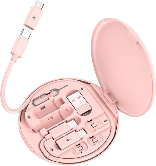 Multi USB Charging Adapter Cable Kit, USB C to iOS Adapter for Travel , Conversion Set USB & USB C to Male Micro /USB C/iOS Adapter, Data Transfer, Card Storage, Tray Eject Pin, Phone Holder (pink)