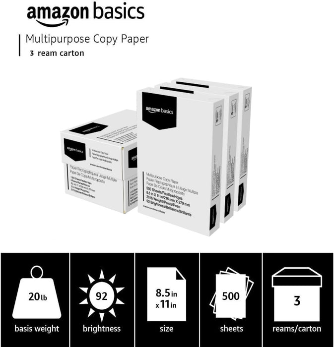 Multipurpose Copy Printer Paper, 20 lb, 8.5 x 11 Inches, 3 Reams (1,500 Sheets), 92 Bright White for Home Use