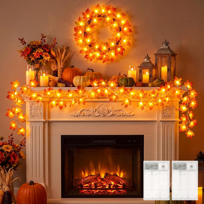 2 Pack Fall Garland with Lights Total 20Ft 40LED Fall Decor
