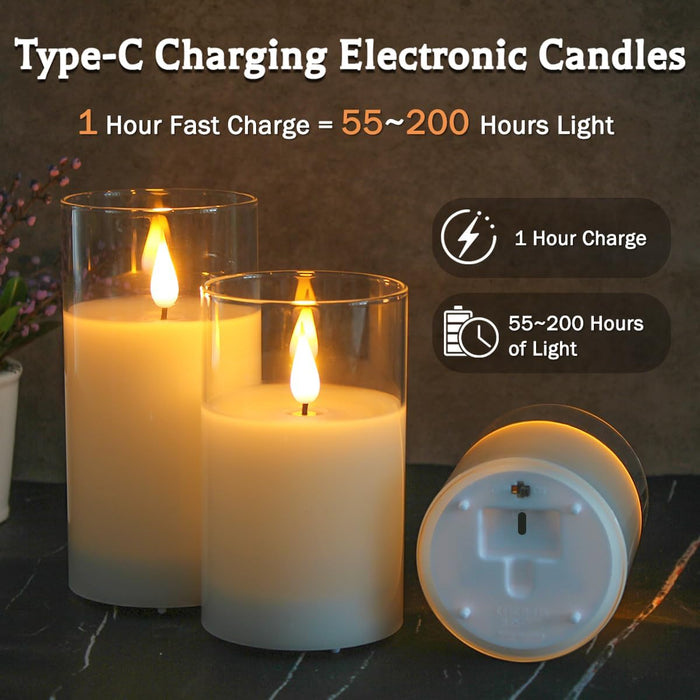 Glass Rechargeable LED Flickering Flameless Candles with Remote and Timer