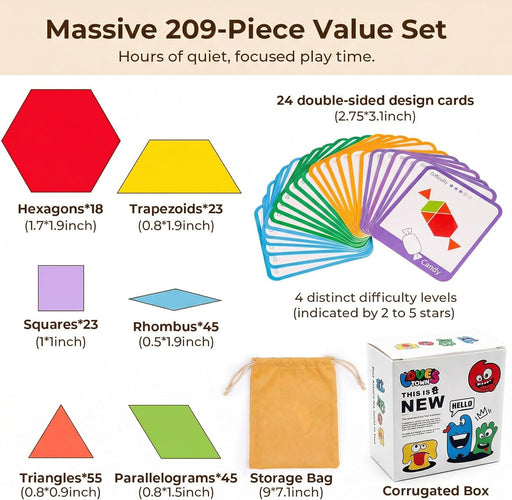 209 PCS Shapes Wooden Pattern Blocks for Kids