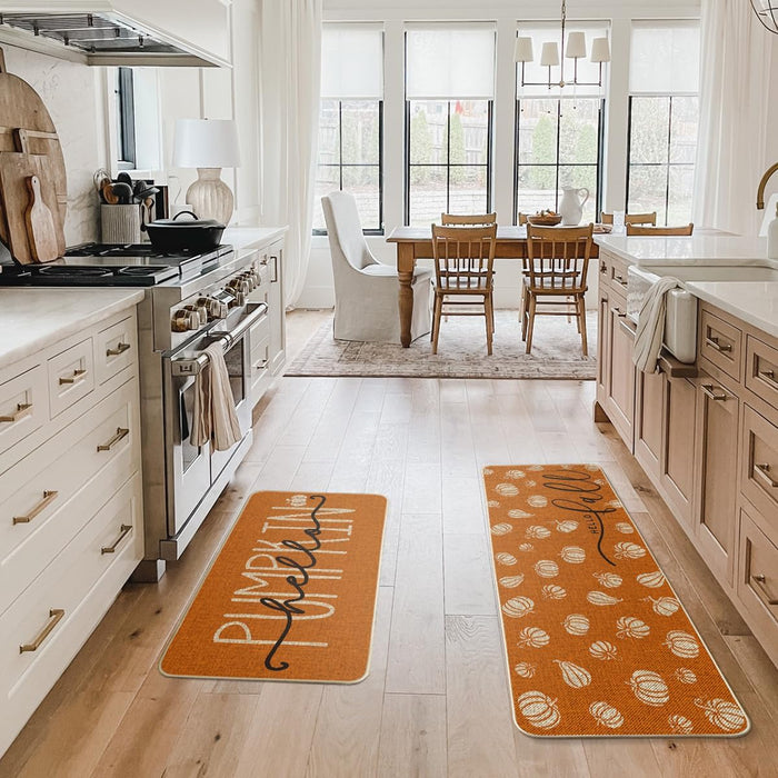 Orange Hello Pumpkin Fall Kitchen Mats Set of 2 - 17x29+17x47"