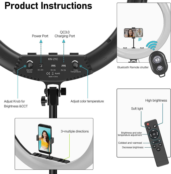 21 inch Ring Light with Stand Outer 55W 5600k Dimmable LED Light, Tripod Stand,and Phone Holder，Remote Controller,Carrying Bag ，CRI 97+ 2540lux, for Streaming Home Office Zoom Call Lighting
