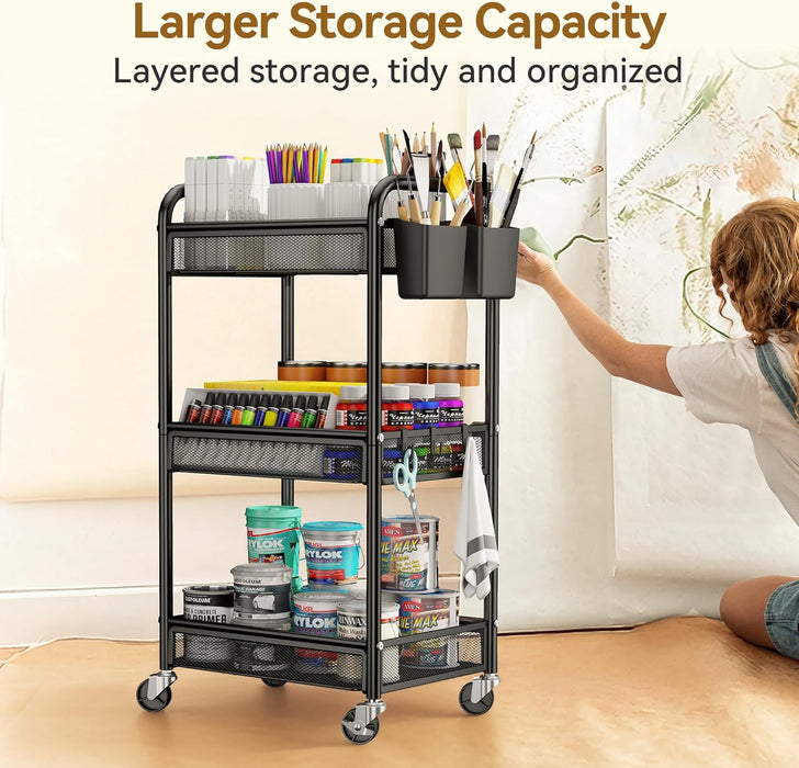 3 Tier Metal Rolling Cart, Black Utility Storage Cart with Wheels
