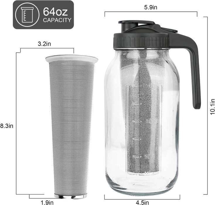 Cold Brew Coffee Maker, 64 oz Mason Jar Pitcher with Stainless Steel Filter, Pour Spout Handle Lid, Airtight & Leak-Proo