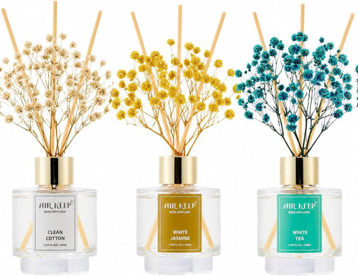Reed Diffuser Set of 3,Clean Cotton White Jasmine White Tea Oil Reed Diffusers for Bedroom Living Room Office Aromatherapy Oil Reed Diffuser for Gift 50ml x 3