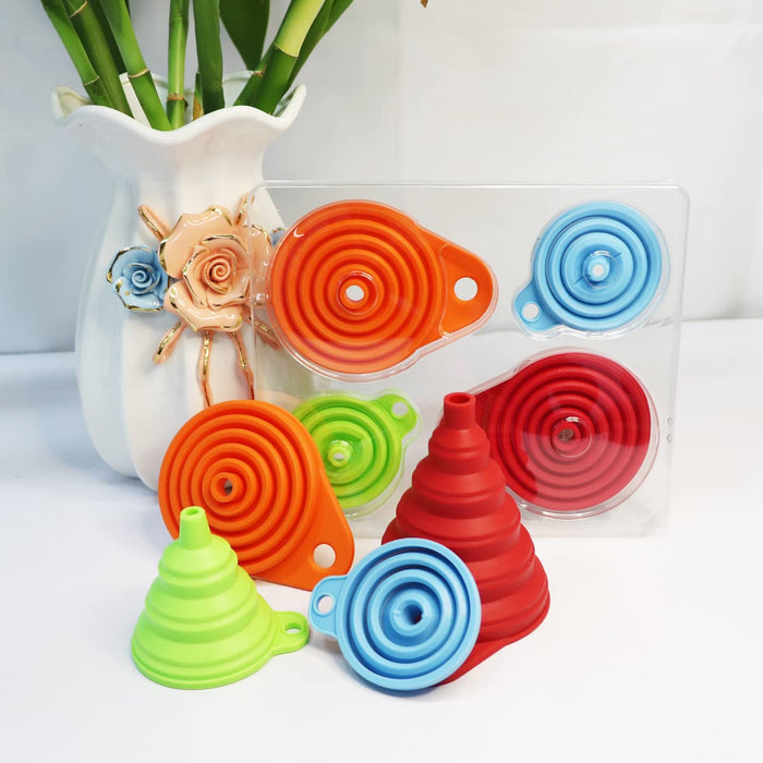 Kitchen Funnel Set 4 Pack, Small and Large, Kitchen Gadgets Accessories Foldable Silicone Collapsible Funnels for Fillin