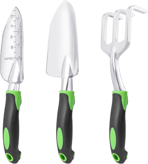 Garden Tools Set, 3 Pack Heavy Duty Gardening Tools Set Include Garden Shovel, Transplant Trowel and Hand Rake with Ergo