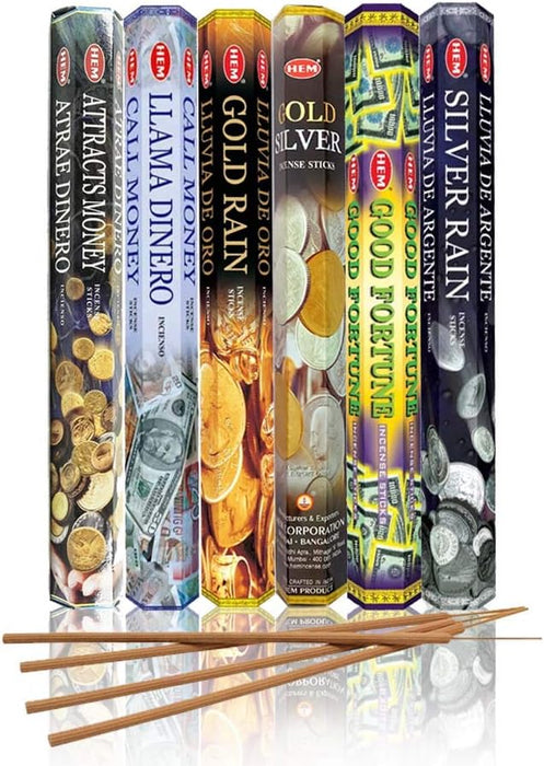 Assorted Incense Sticks – Attracts Money, Call Money, Gold Rain, Gold Silver, Good Fortune & Silver Rain – Pack of 6 – Premium Aromatherapy for Prosperity, Meditation & Home Fragrance.