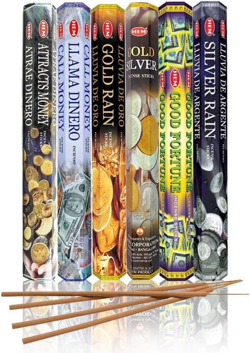 Assorted Incense Sticks – Attracts Money, Call Money, Gold Rain, Gold Silver, Good Fortune & Silver Rain – Pack of 6 – Premium Aromatherapy for Prosperity, Meditation & Home Fragrance.