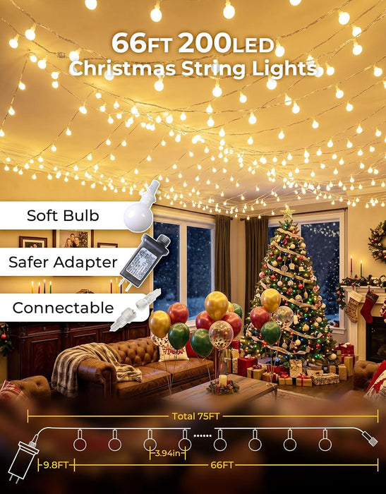 66FT Globe String Lights for Indoor Bedroom Connectable, Warm White