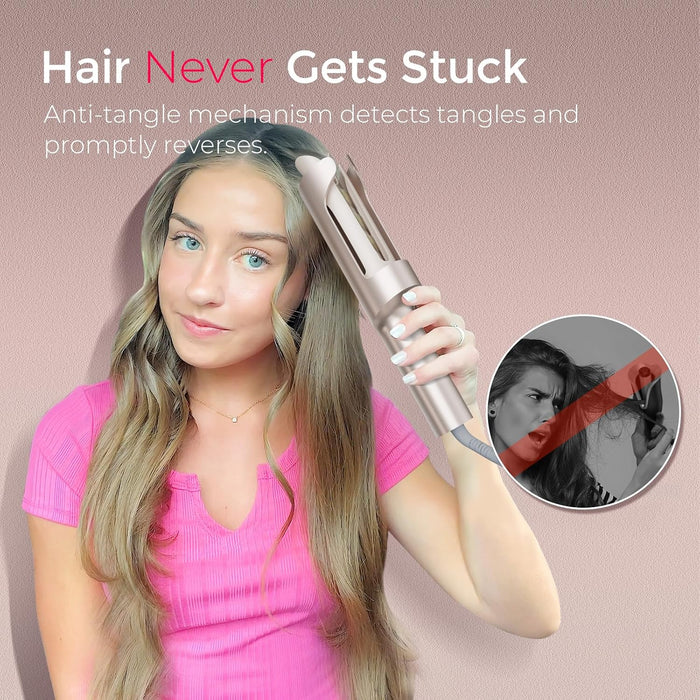 CurlPro Plus Automatic Rotating Curling Iron - Upgraded Long Barrel Curling Wand for Beach Waves & Long Hair, Ceramic Hair Curler for Women, Anti-Scald, 600M Ionic, Dual Voltage, Gold, 1 Inch