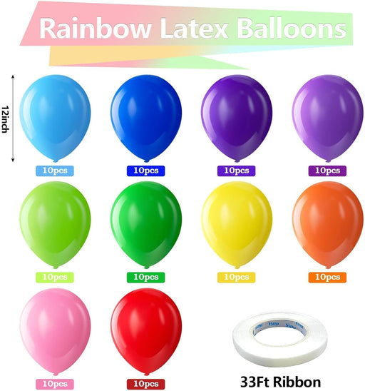 Assorted Latex Rainbow Balloons 100 Pack 12 inch