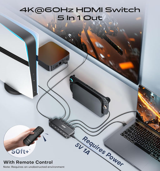 acer 5 in 1 Out HDMI Switch 4K@60Hz HDMI 2.0 with Remote for PS5 Xbox TV