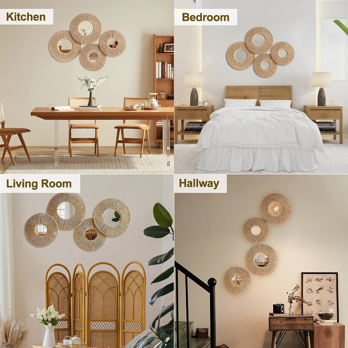 Hanging Baskets Wall Art with Mirror, 4Pcs Boho Coastal Wall Decor