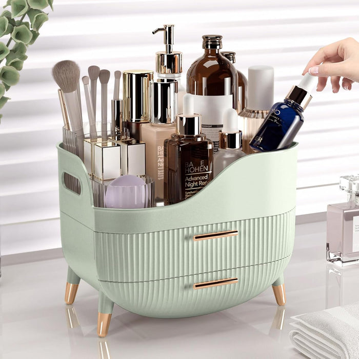 Makeup Organizer with Drawers, Green Skincare Organizer for Vanity, Storage Box with Handle, Large Cosmetic Display Case