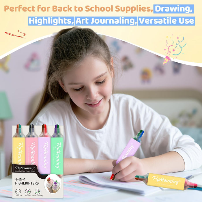 Pastel Highlighters, Cute 4 Pack 16 Colors Dual Tip No Bleed