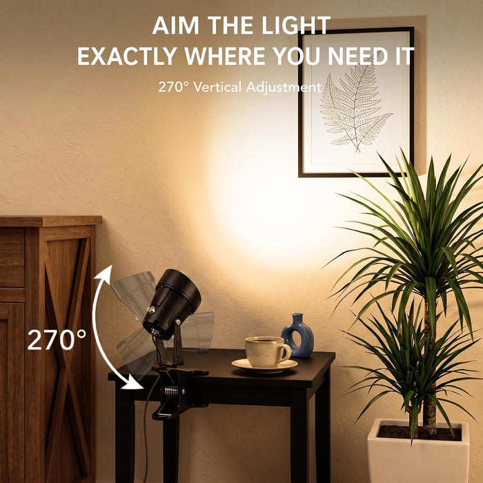 LED Clamp Spot Lights 2 Pack, 3000K Warm White Indoor Spotlights, Clip On Lights with 2.76" Wide Clamp, 270° Adjustable & Switch for Artwork, Plants, Shelves, Displays, Workshop, Desk