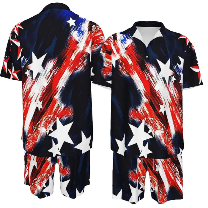 Men'S Fashion 2-Piece Matching Shortsleeve Collared Neck Tropical Set - Casual Stylish Flag Pattern Shirt & Bottoms, Loose Fit, plus Size Hawaiian Patriotic Streetwear for 4Th of July