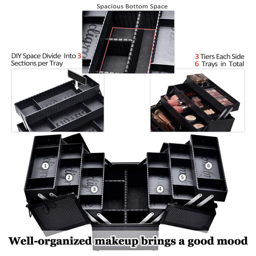 Makeup Train Case Professional Adjustable - 6 Trays Cosmetic Cases Makeup Storage Organizer Box with Lock and Compartmen