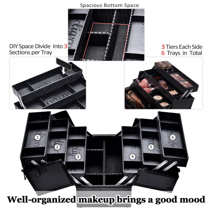 Makeup Train Case Professional Adjustable - 6 Trays Cosmetic Cases Makeup Storage Organizer Box with Lock and Compartmen