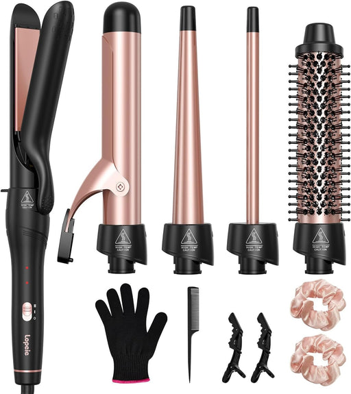 5 in 1 Curling Iron with Thermal Brush and 4 Interchangeable Ceramic Barrels(1/2 to 1 1/2 inch), Curling Wand Set with F