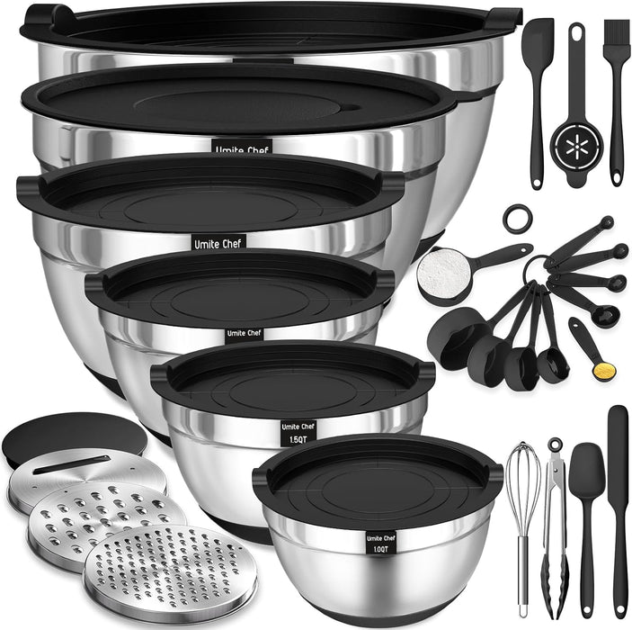 Thickened Heavy-Duty 26pcs Stainless Steel Bowl, Mixing Bowl Set with Lid, Grater Attachment, Non-Slip Bottom and Kitche
