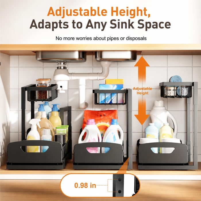 Under Kitchen Sink Organizer, Metal Pull Out Bathroom Organizers and Storage, 2-Tier Cabinet Organizer Shelf with Slidin