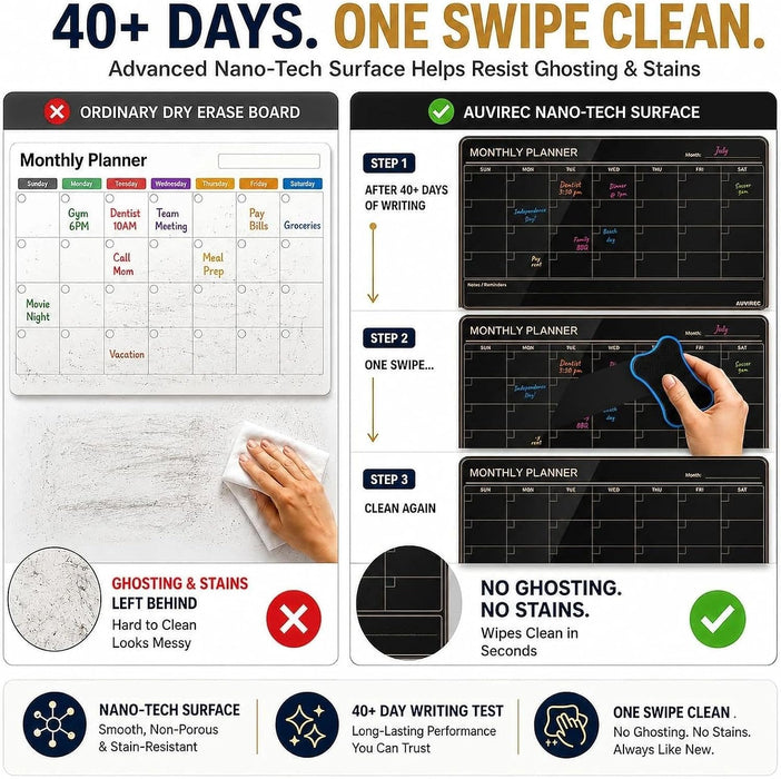 Black Magnetic Calendar for Refrigerator, Dry Erase Fridge Calendar